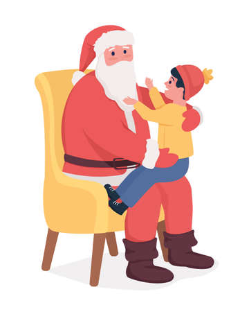 Kid talking to Santa semi flat color vector characters. Posing figures. Full body people on white. Holiday celebration isolated modern cartoon style illustration for graphic design and animationのイラスト素材