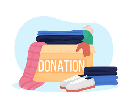 Clothing donation box 2D vector isolated illustration. Shoes and shirts to give away to non profit. Humanitarian aid flat composition on cartoon background. Charity contribution colorful sceneのイラスト素材
