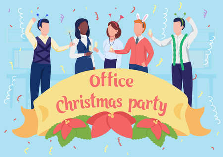 Office Christmas party poster flat vector template. Winter holiday. Brochure, booklet one page concept design with cartoon characters. New Year celebration at work flyer, leaflet with copy spaceのイラスト素材