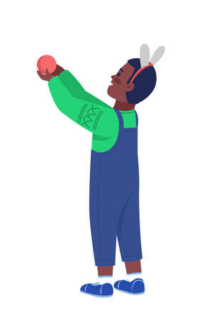 Boy holds festive decoration semi flat color vector character. Posing figure. Full body person on white. Winter isolated modern cartoon style illustration for graphic design and animationのイラスト素材