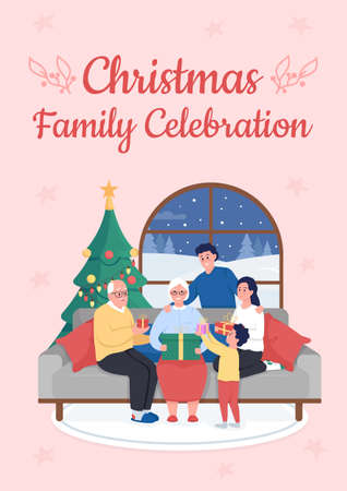 Christmas family celebration poster flat vector template. Festive day. Brochure, booklet one page concept design with cartoon characters. Winter season holidays flyer, leaflet with copy spaceのイラスト素材