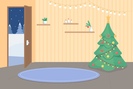Home entrance on Christmas flat color vector illustration. Xmas tree in corner. Decorated apartment. House hallway 2D cartoon interior with opened door to winter evening on backgroundのイラスト素材