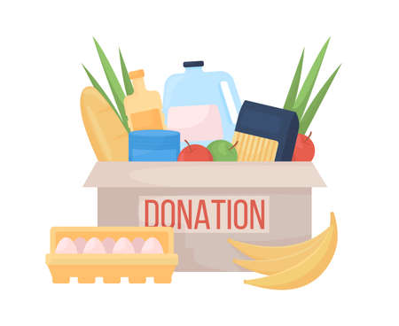 Donation box with food semi flat color vector item. Full realistic object on white. Supply for humanitarian aid isolated modern cartoon style illustration for graphic design and animationのイラスト素材