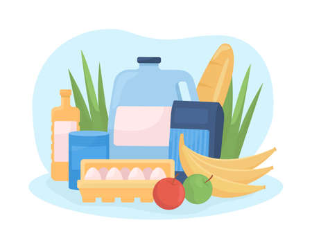 Grocery food 2D vector isolated illustration. Vegetables and eggs in container. Products from supermarket flat composition on cartoon background. Retail and commerce colorful sceneのイラスト素材