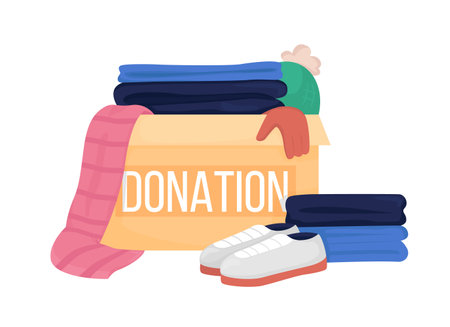 Donation box with clothes semi flat color vector item. Full realistic object on white. Supply for humanitarian aid isolated modern cartoon style illustration for graphic design and animationのイラスト素材