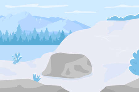Winter hills flat color vector illustration. Cold season hillslides with snow. Scenic mountains....