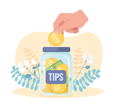 Tip jar 2D vector isolated illustration. Giving money to charity. Dropping coin as contribution. Financial contribution flat scene on cartoon background. Aid with budget colorful sceneのイラスト素材
