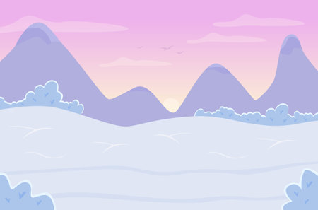Sunset on winter mountains flat color vector illustration. Frozen land during daytime. Snow on wintry hills. Mountains during sunrise 2D cartoon landscape with ridges and peaks on backgroundのイラスト素材