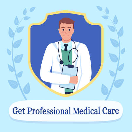 Healthcare treatment social media post mockup. Get professional medical care phrase. Web banner design template. Booster, content layout with inscription. Poster, print ads and flat illustrationのイラスト素材
