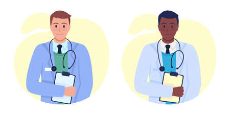 Clinical doctor semi flat color vector character set. Posing figure. Full body people on white. Health isolated modern cartoon style illustration for graphic design and animation packのイラスト素材