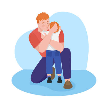 Emotional connection with toddler 2D vector isolated illustration. Father hugging little boy flat characters on cartoon background. Spending time with kid. Dad-son bonding colorful sceneのイラスト素材