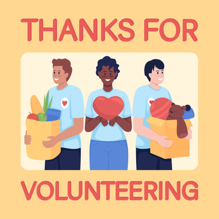 Participation in charity social media post mockup. Thanks for volunteering phrase. Web banner design template. Booster, content layout with inscription. Poster, print ads and flat illustrationのイラスト素材