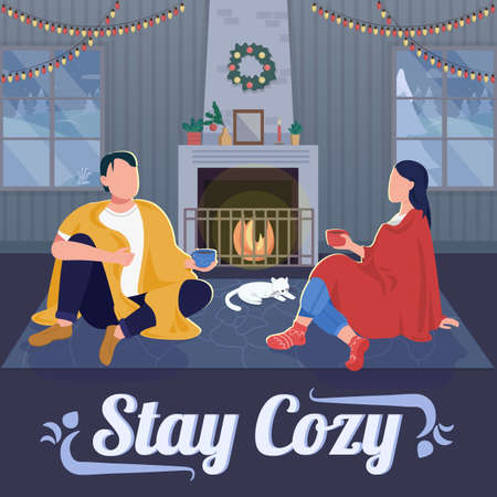 Romantic evening at home social media post mockup. Stay cozy phrase. Web banner design template. Christmas booster, content layout with inscription. Poster, print ads and flat illustrationのイラスト素材