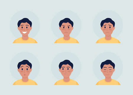 Boy with different emotions semi flat color vector character avatar set. Casual style. Portrait from front view. Isolated modern cartoon style illustration for graphic design and animation packのイラスト素材