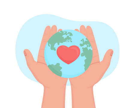 Planet conservation charity 2D vector isolated illustration. Holding planet with heart symbol flat first view hands on cartoon background. International non profit organization colorful sceneのイラスト素材