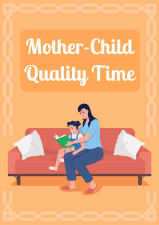 Mother child quality time poster flat vector template. Free time. Brochure, booklet one page concept design with cartoon characters. Mom reading to little daughter flyer, leaflet with copy spaceのイラスト素材