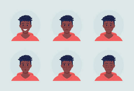 Man with emotional expressions semi flat color vector character avatar set. Portrait from front view. Isolated modern cartoon style illustration for graphic design and animation packのイラスト素材