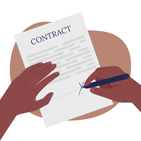Hand writing on contract flat color vector illustration. Putting sign on business paper, on license sheet. Writing on official legal documents 2D cartoon first view hand with abstract backgroundのイラスト素材