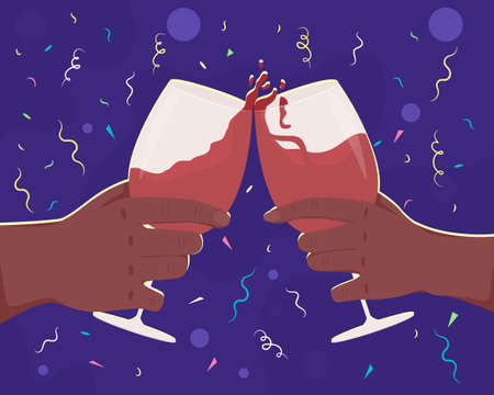 Toast with wine glasses on event flat color vector illustration. Raising glassware with alcoholic drinks. Celebrating anniversary 2D cartoon first view hand with abstract backgroundのイラスト素材