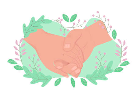 Partners holding hands 2D vector isolated illustration. Lovers gesture. Romantic relationship flat first view hand on cartoon background. Relations with significant other colorful sceneのイラスト素材