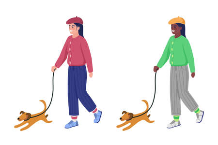 Woman walking with dog semi flat color vector character set. Posing figures. Full body people on white. Winter isolated modern cartoon style illustration for graphic design and animation bundleのイラスト素材