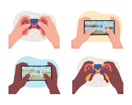 Gamification flat color vector illustration set. Holding mobile phone. Gamepad in arms. Playing games for entertainment 2D cartoon first view hand with abstract background collectionのイラスト素材