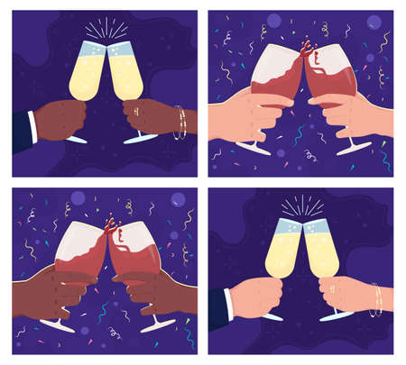 Toast with wine glasses flat color vector illustration set. Raising glassware with alcoholic drinks. Celebrating anniversary 2D cartoon first view hand with abstract background collectionのイラスト素材