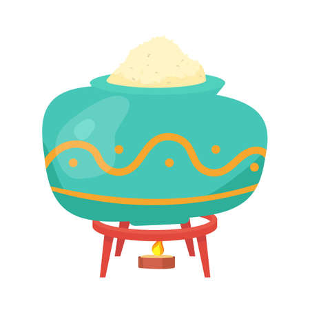 Cooking in ornamental bowl on fireplace semi flat color vector object. Realistic item on white. Preparing cookery isolated modern cartoon style illustration for graphic design and animationのイラスト素材