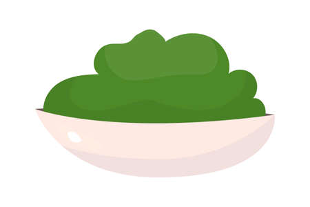 Plate with green muse semi flat color vector object. Realistic item on white. Tableware with vibrant substance isolated modern cartoon style illustration for graphic design and animationのイラスト素材