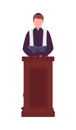 Priest read bible at stand semi flat color vector character. Dynamic figure. Full body person on white. Religion isolated modern cartoon style illustration for graphic design and animationのイラスト素材