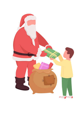 Santa give gift to kid semi flat color vector characters. Interacting figures. Full body people on white. Christmas isolated modern cartoon style illustration for graphic design and animationのイラスト素材