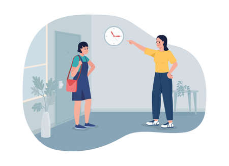 Establishing teenager curfew 2D vector isolated illustration. Annoyed mother scolding girl for getting home late flat characters on cartoon background. Excessive parental control colorful sceneのイラスト素材