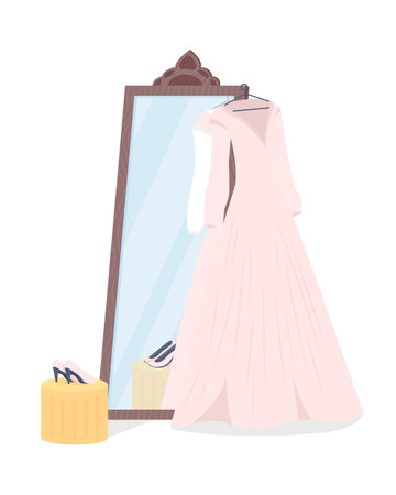 Stand mirror with wedding dress semi flat color vector object. Realistic item on white. Interior decor for dresser room isolated modern cartoon style illustration for graphic design and animationのイラスト素材