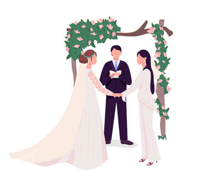 Brides at wedding semi flat color vector characters. Standing figures. Full body people on white. Marriage isolated modern cartoon style illustration for graphic design and animationのイラスト素材