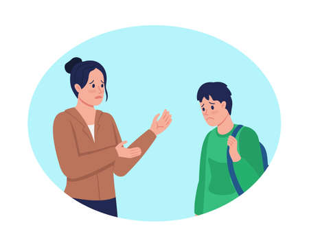 Having important conversation with teen 2D vector isolated illustration. Sad mother talking to son flat characters on cartoon background. Talking with kid about serious issues colorful sceneのイラスト素材
