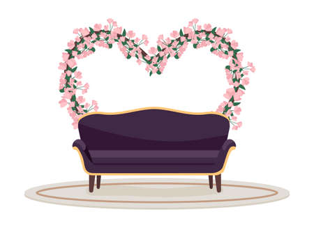 Romantic venue semi flat color vector object. Realistic item on white. Luxury couch in front of heart shape flower gate isolated modern cartoon style illustration for graphic design and animationのイラスト素材