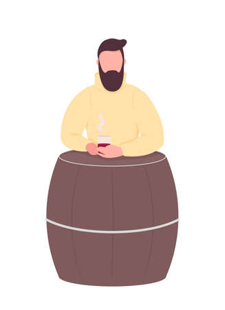 Man sit at barrel table semi flat color vector character. Resting figure. Full body person on white. Outdoor cafe isolated modern cartoon style illustration for graphic design and animationのイラスト素材
