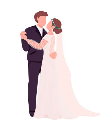 Bride and groom dance semi flat color vector characters. Dynamic figures. Full body people on white. Wedding isolated modern cartoon style illustration for graphic design and animationのイラスト素材