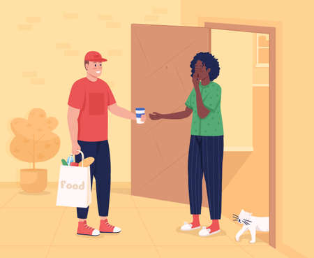 Groceries delivery flat color vector illustration. Food shipping. Courier man with customer at home entrance 2D cartoon characters with apartment building corridor interior on backgroundのイラスト素材