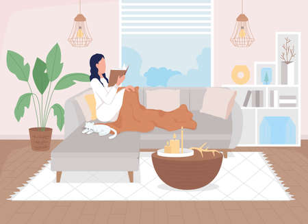 Woman at home resting flat color vector illustration. Danish lifestyle. Hygge and rest. Girl reading under blanket sitting on sofa 2D cartoon characters with scandinavian interior on backgroundのイラスト素材