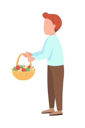 Little boy hodling basket semi flat color vector character. Standing figure. Full body person on white. Child with apples isolated modern cartoon style illustration for graphic design and animationのイラスト素材