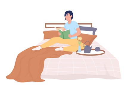 Person reading on bed semi flat color vector character. Posing figure. Full body person on white. Hygge lifestyle isolated modern cartoon style illustration for graphic design and animationのイラスト素材