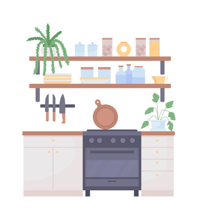 Scandinavian style kitchen semi flat color vector item. Realistic object on white. Nordic interior for cozy home isolated modern cartoon style illustration for graphic design and animationのイラスト素材