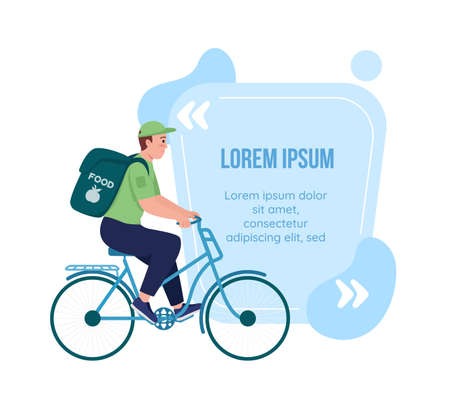 Eco delivery on bike quote box with flat character. Sustainable service. Speech bubble with cartoon illustration. Colorful quotation isolated on white background. Bebas Neue, Quicksand fonts usedのイラスト素材