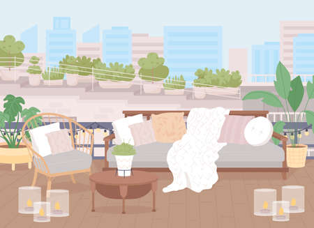 Home rooftop flat color vector illustration. Comfy sofa with pillows and blankets. Couch on roof for hygge lifestyle. Nordic style 2D cartoon outdoor scene with furnishing and plants on backgroundのイラスト素材