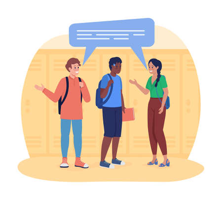 Suffering from social anxiety in school 2D vector isolated illustration. Embarrassed schoolboy with classmates flat characters on cartoon background. Discomfort in communication colorful sceneのイラスト素材