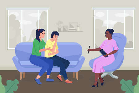 Mental health counseling for teen flat color vector illustration. Disturbed mother with son talking with professional psychologist 2D cartoon characters with counseling room on backgroundのイラスト素材