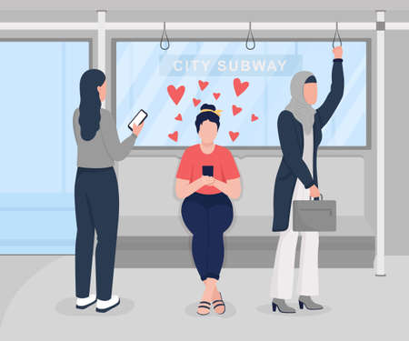Spending time in public transport with dating app flat color vector illustration. Enamored woman surrounded by female passengers 2D cartoon characters with city subway on backgroundのイラスト素材