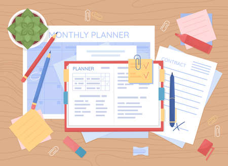 Monthly planning flat color vector illustration. Open diary. Calendar sheet. writing in textbook. Organization and strategy. Top view 2D cartoon illustration with desktop on background collectionのイラスト素材