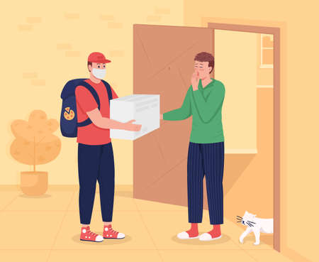 Safe delivery to door flat color vector illustration. Receive order at home. Courier man with customer at home entrance 2D cartoon characters with apartment building corridor interior on backgroundのイラスト素材